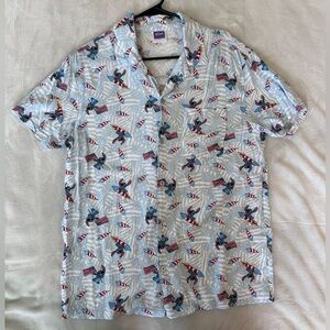 Disney Stitch Men Button Up Shirt L Patriotic Firecrackers American Flags Pocket